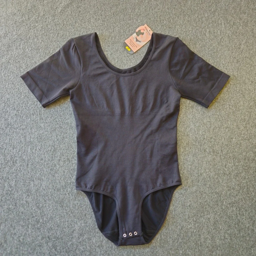 New! Shapermint Bodysuit Womens M Black All Day Every Day Short Sleeve Shapewear